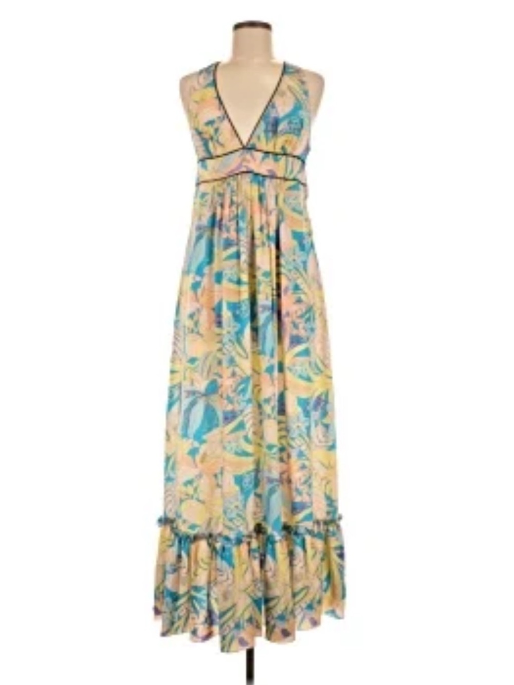 Corey Lynne Calter  Sleeveless V-Neck Floral Maxi Dress in Blue and Cream